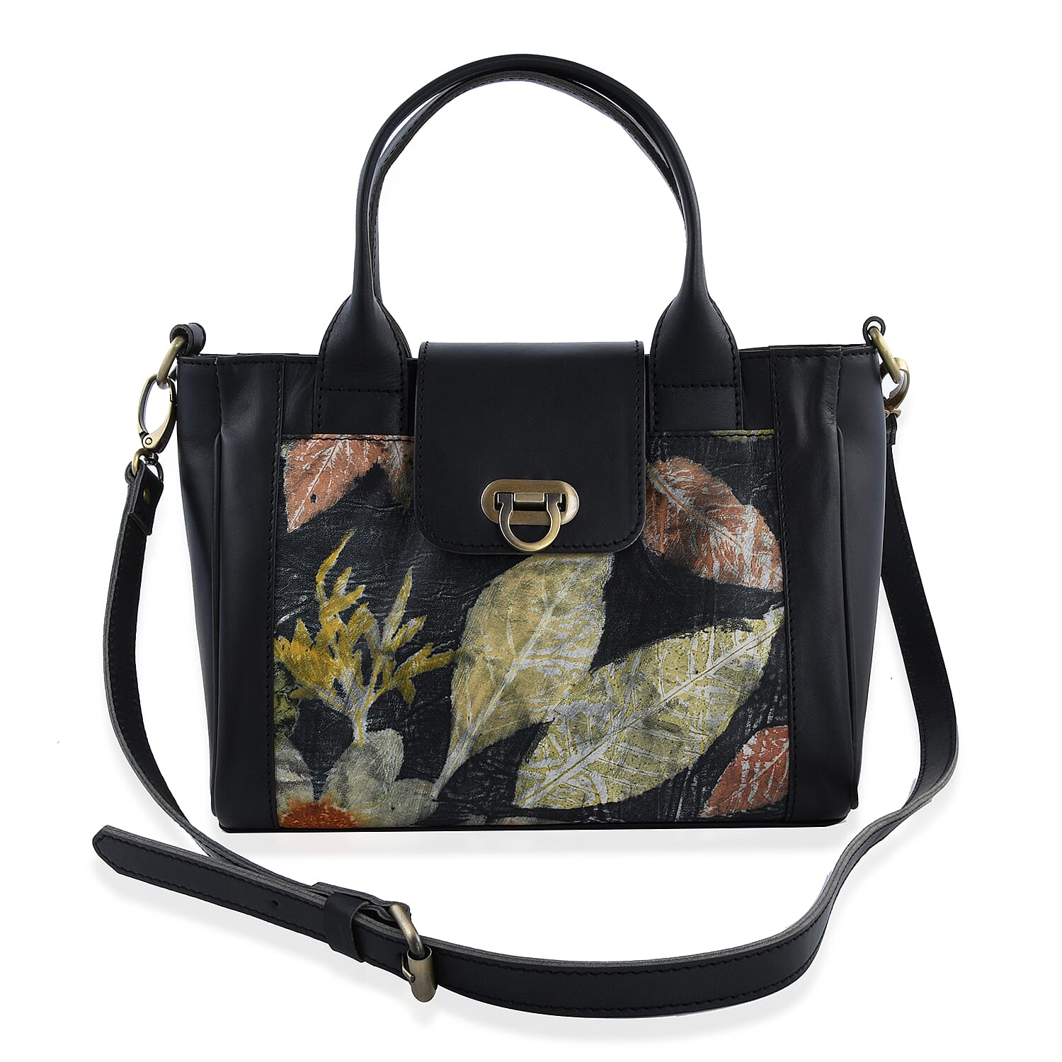 Handmade Black Eco Print Cow Leather Crossbody Bag (11.02"x5.12"x7.87") with Shoulder Strap