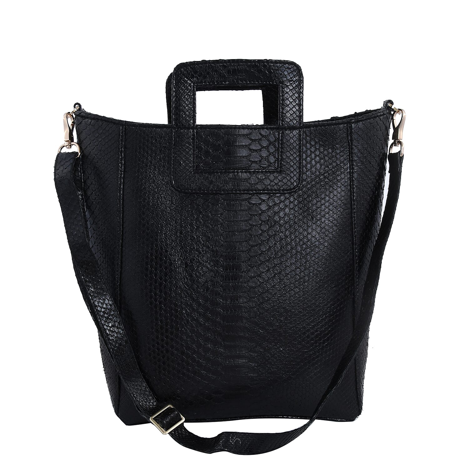 The Grand Pelle Handcrafted 100% Genuine Python Leather Black Color Tote Bag (13.78"x13.78"x5.51")