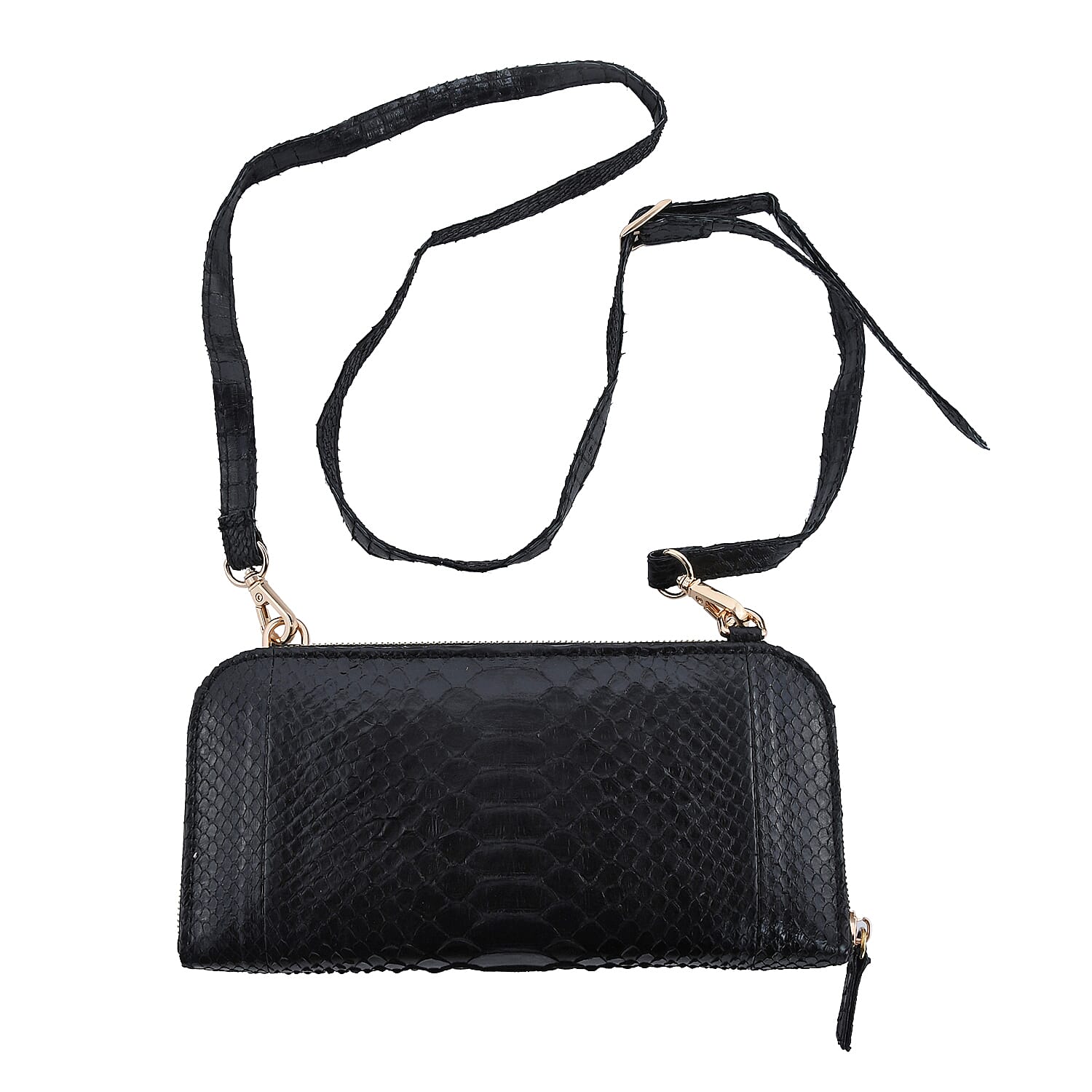 The Grand Pelle Handcrafted 100% Genuine Python Leather Black Color Crossbody Wallet (7.87"x3.94"x1.5")