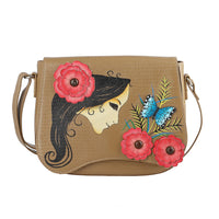 "SUKRITI 100% Genuine Leather Applique Crossbody Bag Theme: Floral Girl  Color: Dark Beige Size: 10 x 3 x 8.5 inches"