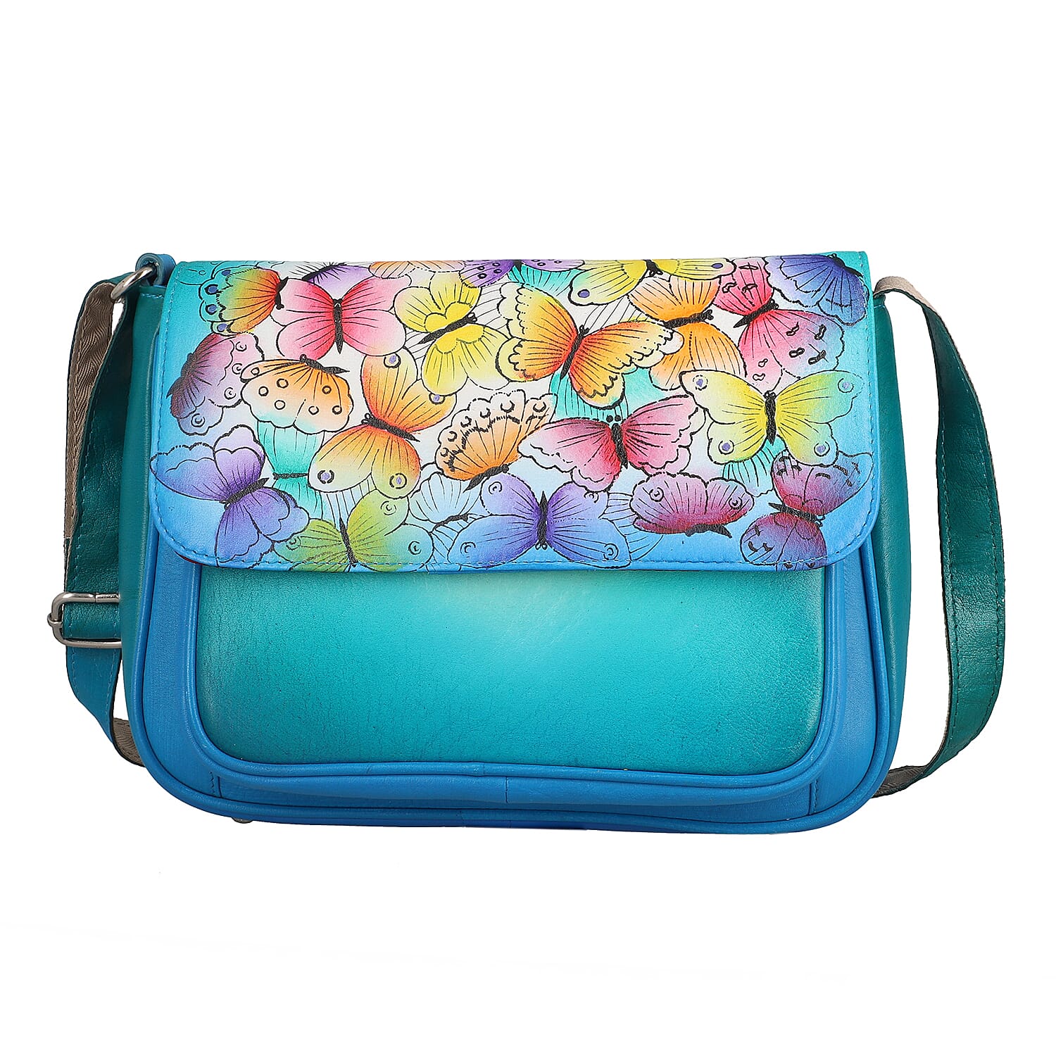 "SUKRITI 100% Genuine Leather Crossbody Bag Theme: Butterfly Color: Blue Size: 10 x 3 x 7 inches"