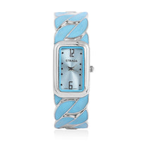STRADA Japanese Movement Curb Chain Pattern Blue Enameled Cuff Bracelet in Silvertone (6.25-6.75 In)