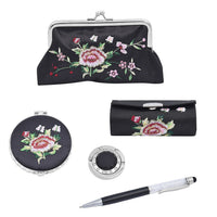 Set of 5 Black Embroidered Flower Pattern Compact Mirror (2.9"x2.7"), Lipstick Case (3.4'x1.4"), Coin Purse (6.1"x4.3"), Bag Holder (1.8"x0.4") and 2 in 1 Multi-functional Ball Point Pen (5.