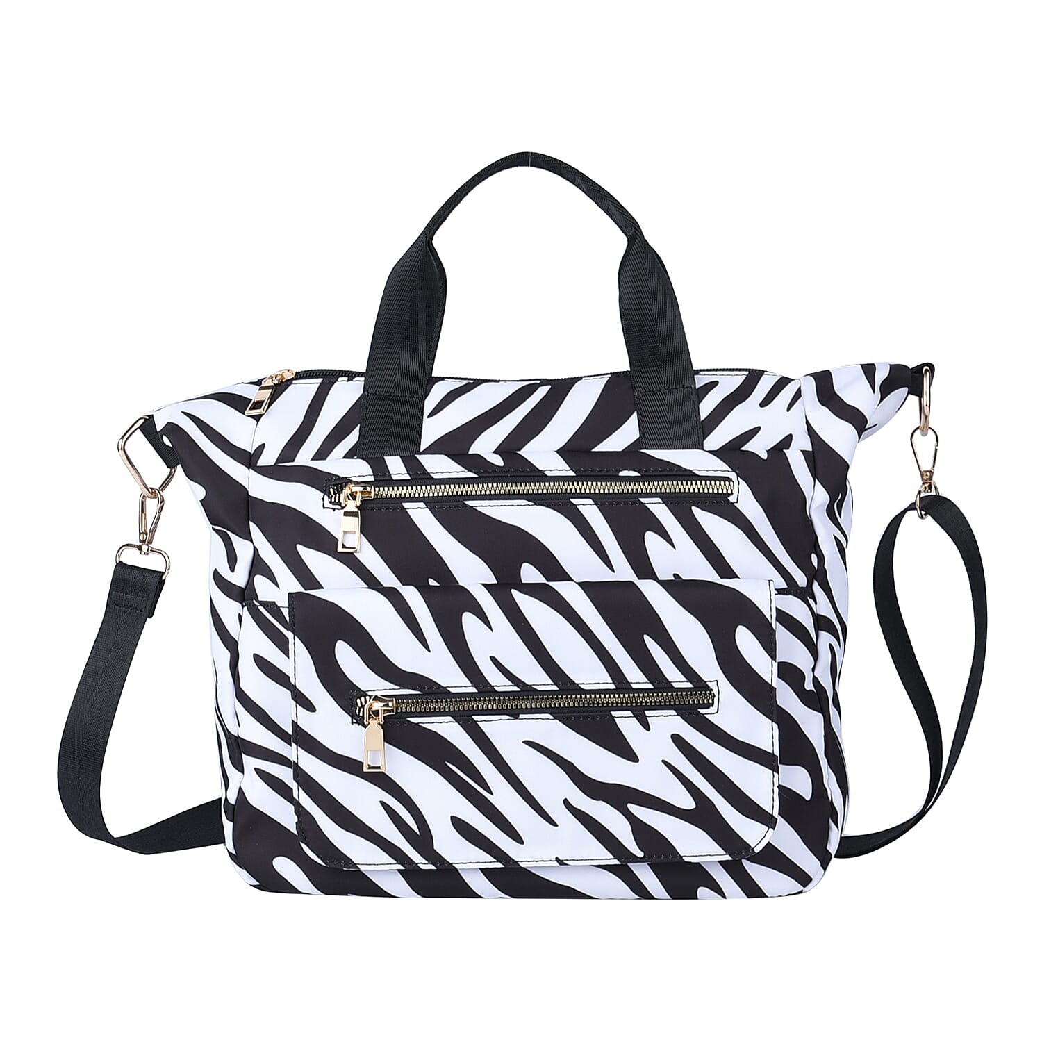 Black Color White Zebra Pattern Nylon Convertible Bag (12"x4"x11.5") with Handle and Shoulder Strap