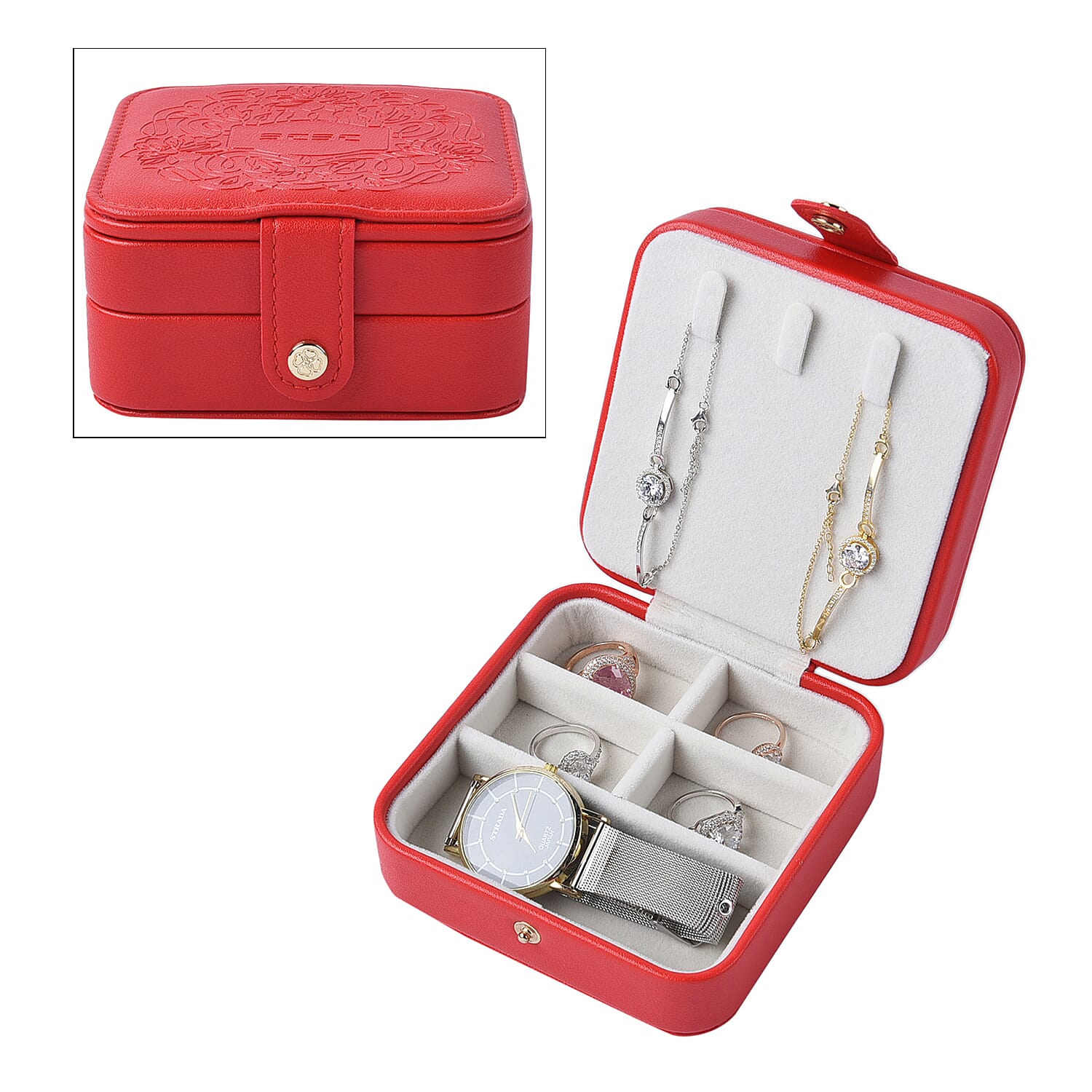 Pink Faux Leather 2 Layer Small Jewelry Box with Velvet Anti Scratch Interior & Button Closure (4.53"x4.53"x2.24") (1)