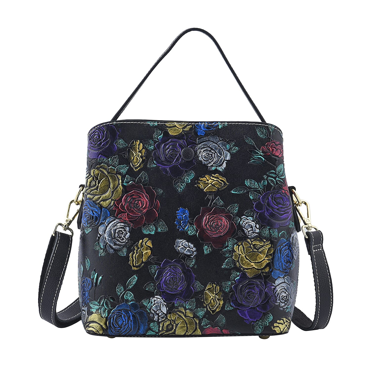 HONG KONG CLOSEOUT Collection Black Color Rose Embossed Pattern Genuine Leather Convertible Tote Bag with Handle and Shoulder Strap (8.66"x7.08"x4.33")