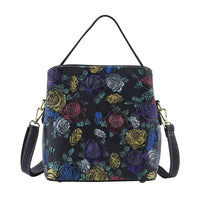 HONG KONG CLOSEOUT Collection Black Color Rose Embossed Pattern Genuine Leather Convertible Tote Bag with Handle and Shoulder Strap (8.66"x7.08"x4.33")