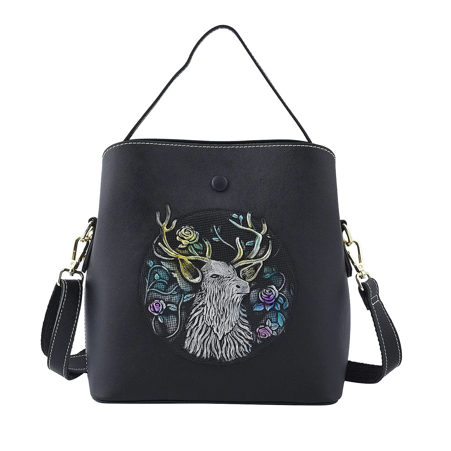 HONG KONG CLOSEOUT Collection Black Color Rose Embossed Pattern Genuine Leather Convertible Tote Bag with Handle and Shoulder Strap (8.66"x7.08"x4.33")