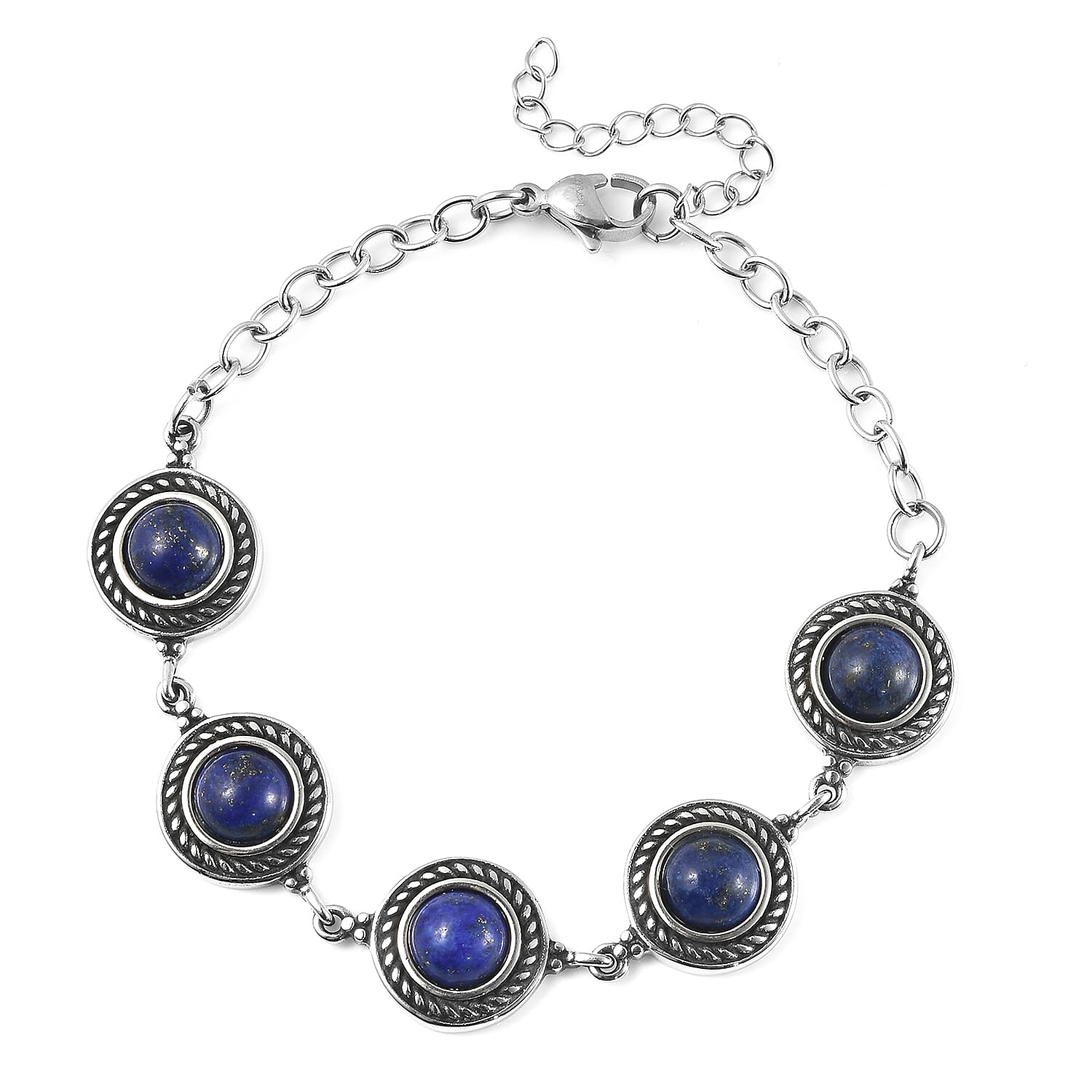 Lapis Lazuli Rose Texture Station Bracelet in Stainless Steel (7.50 In) 8.10 ctw