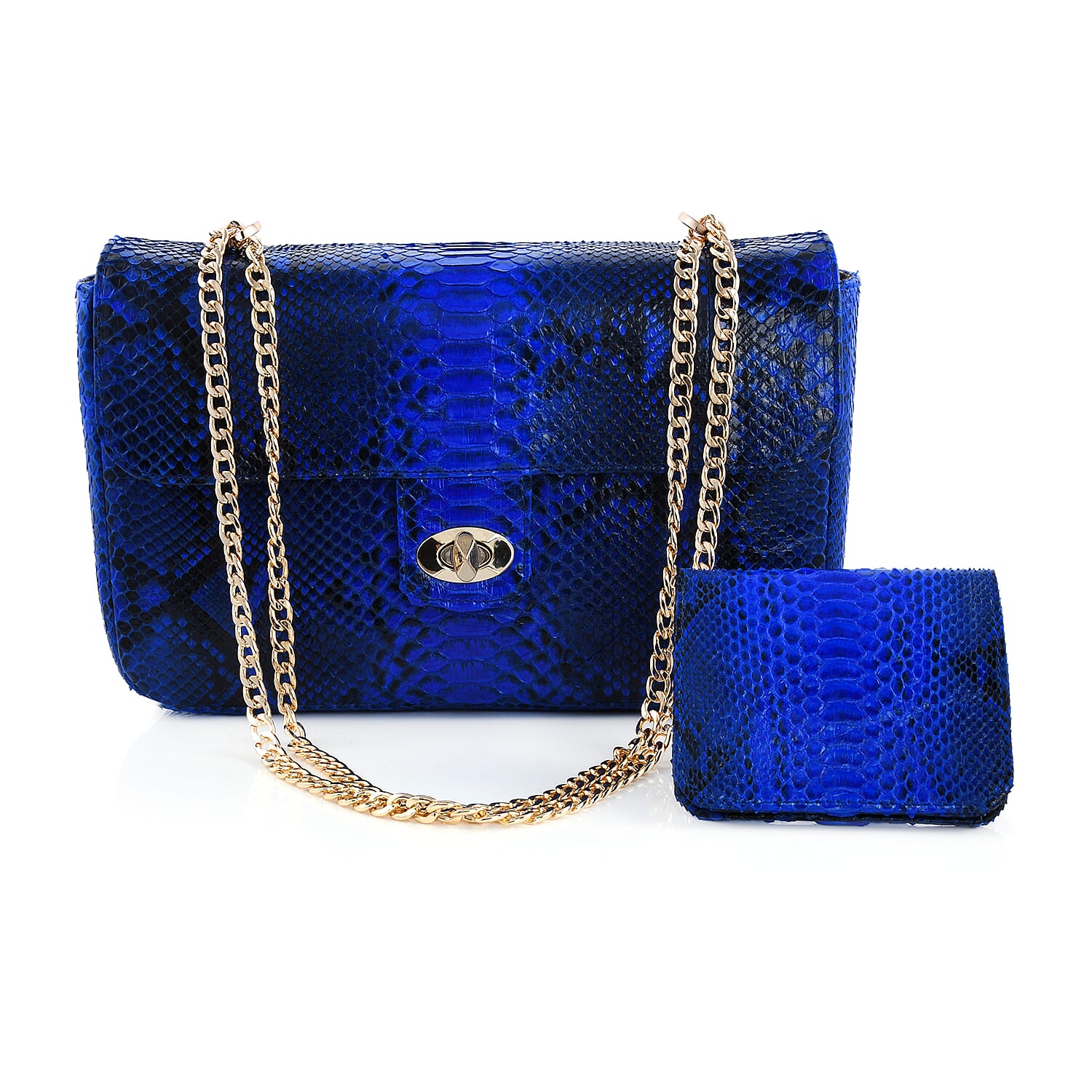 The Pelle Python Collection Handmade 100% Genuine Python Leather Blue Color Set of Crossbody Bag (11"x6.5"x2.5") with Wallet (4.3"x3.5"x1.5")
