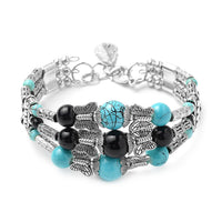 Simulated Blue and Black Sapphire Beaded Bangle Bracelet in Silvertone (7.50 in)