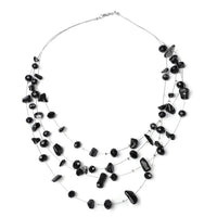Black Agate and Black Glass Layered Necklace 20 Inches in Silvertone 90.00 ctw