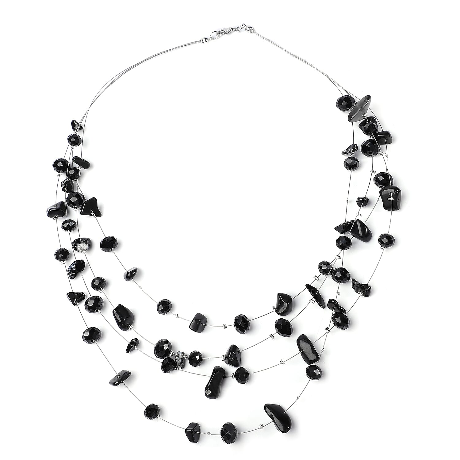 Black Agate and Black Glass Layered Necklace 20 Inches in Silvertone 90.00 ctw (1)