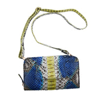 The Pelle Python Collection Handmade 100% Genuine Python Leather Blue & Yellow Color Crossbody Wallet (8"x4.3"x1.6")