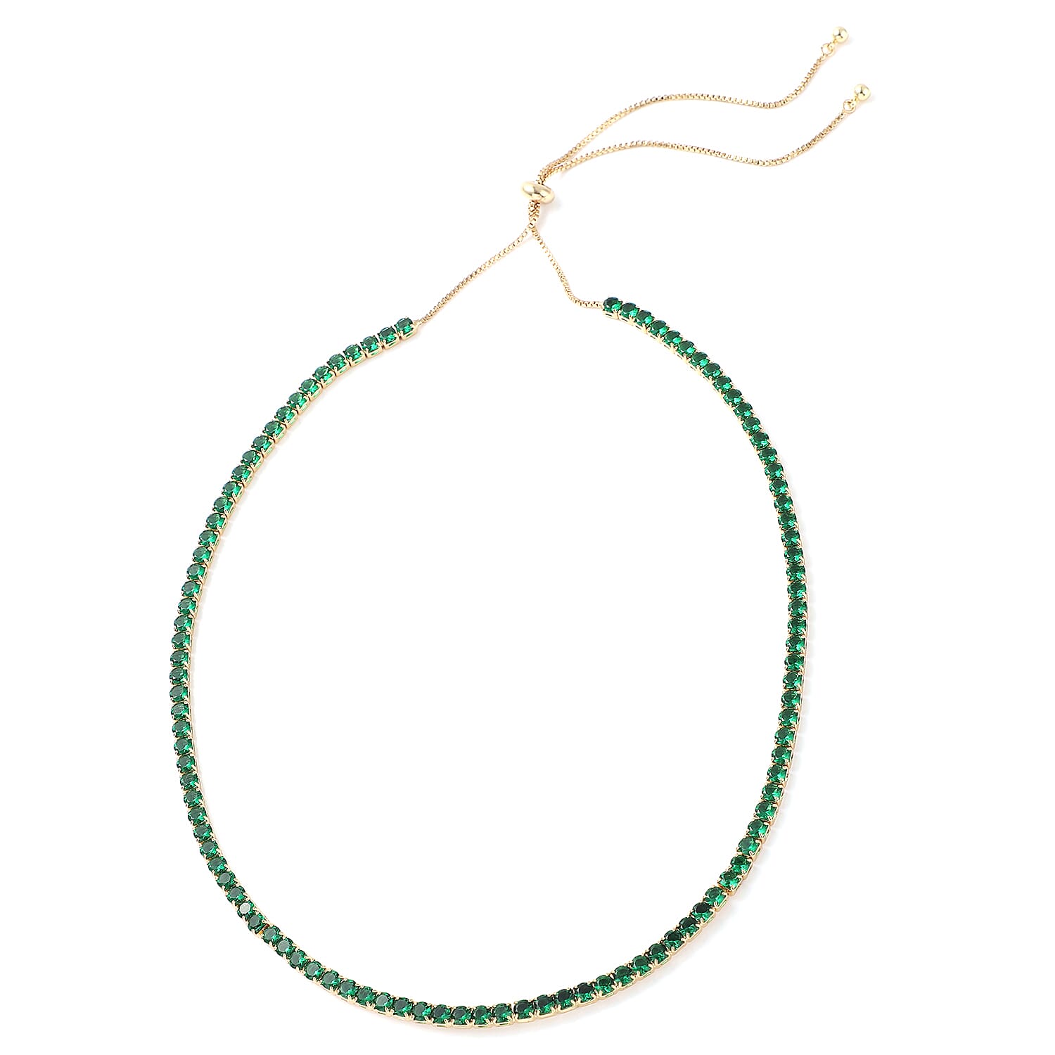 Simulated Emerald Tennis Bolo Necklace 18 Inches in Goldtone