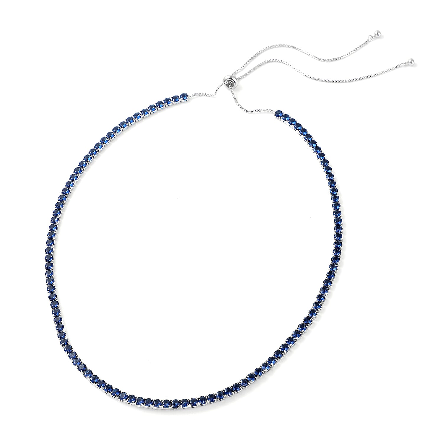 Simulated Blue Sapphire Tennis Bolo Necklace 18 Inches in Silvertone