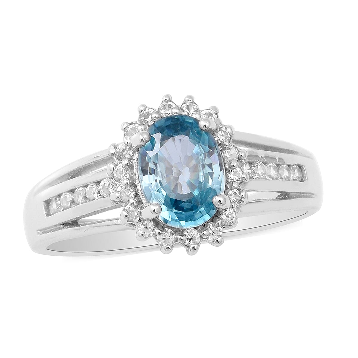 Cambodian Blue Zircon and Natural White Zircon Cocktail Ring in Platinum Over Sterling Silver (Size 10.0) 2.40 ctw (1)