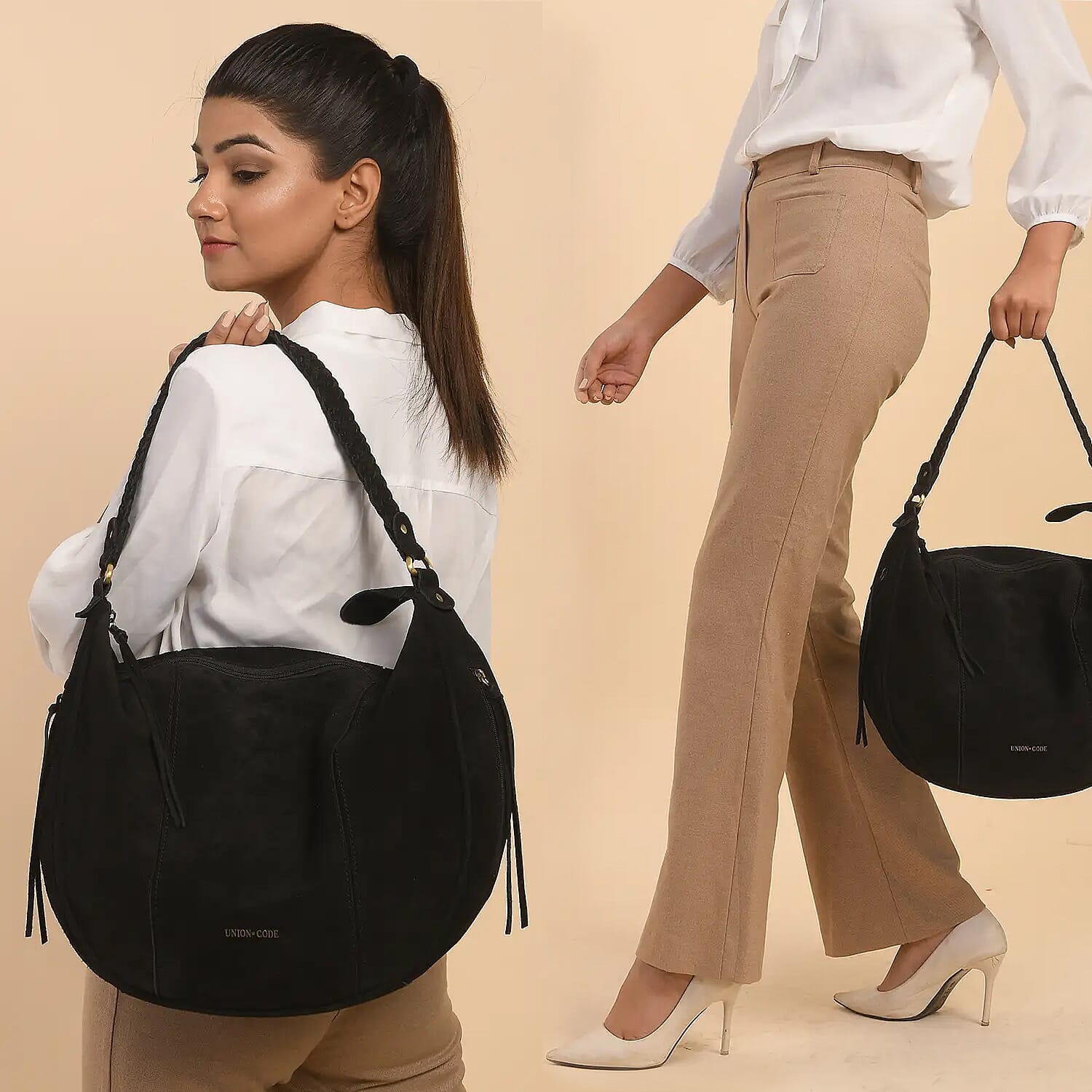 Black 100% Genuine Leather Hobo Bag (16"x13"x5")