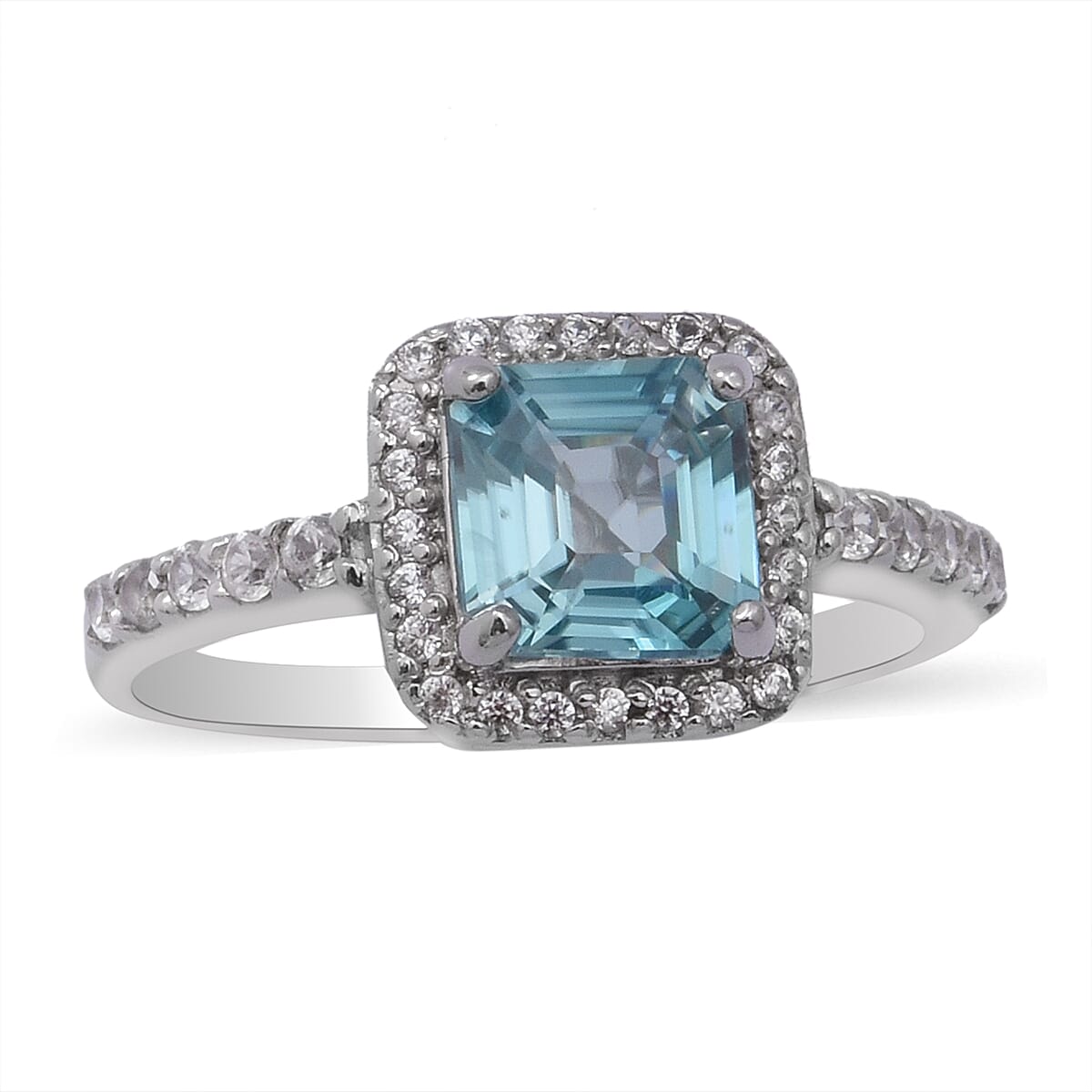 Cambodian Blue Zircon, Natural White Zircon Ring in Platinum Over Sterling Silver 3.15 ctw