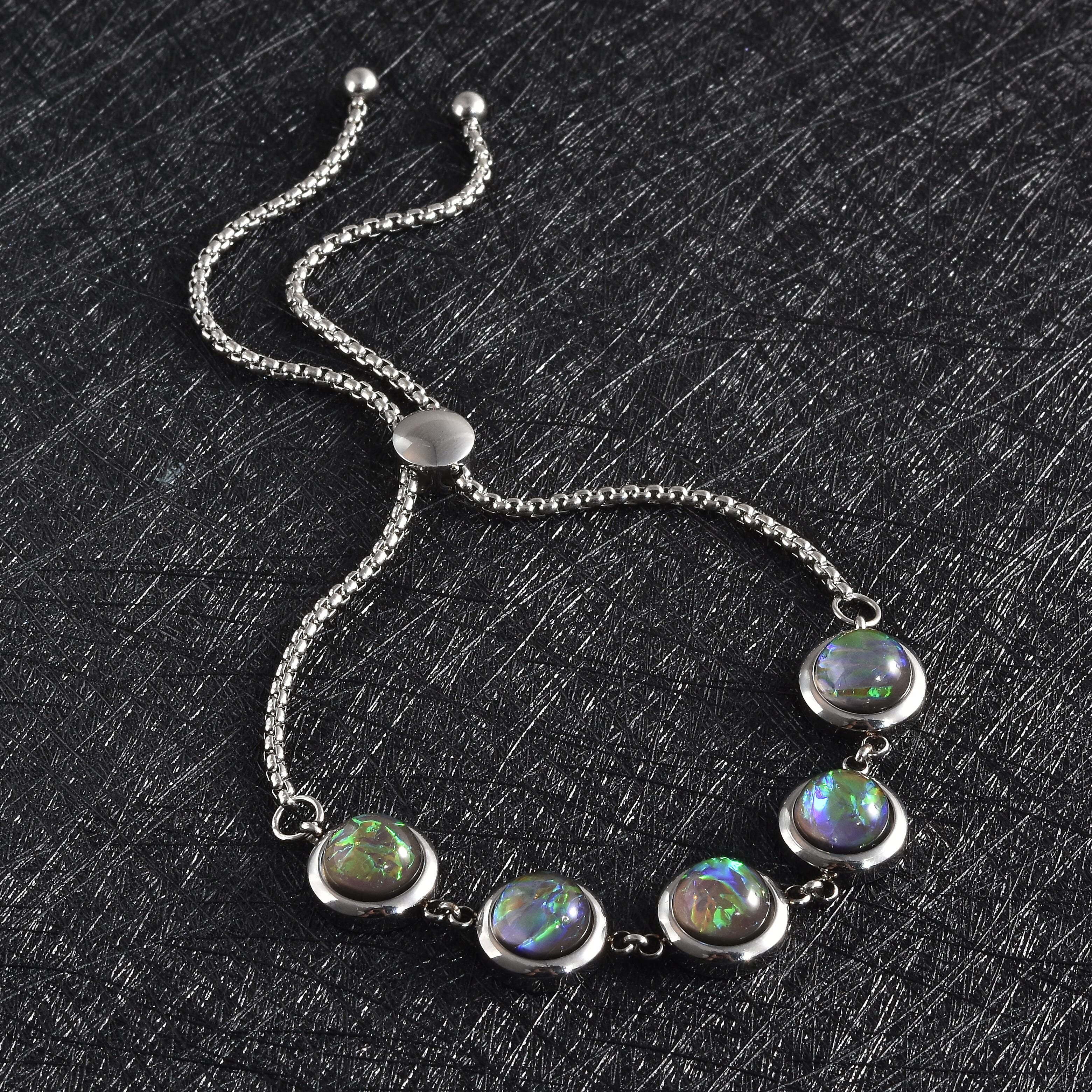 Lab Created White Opal 8mm Beaded Bolo Bracelet in Stainless Steel