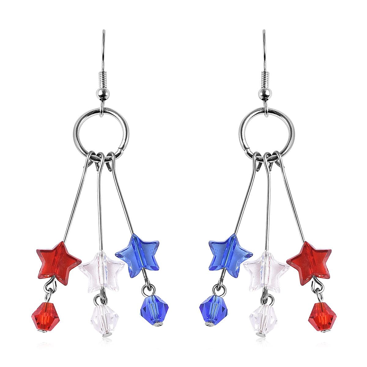 Simulated Red Color Resin, Multi Color Glass Stylish Half Hoop Earrings with Tri-color Star Charms in Silvertone & Stainless Steel , Tarnish-Free, Waterproof, Sweat Proof Jewelry