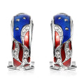 White Austrian Crystal Stylish Half Hoop Style Earrings with US flag Pattern in Silvertone - Sticky add to cart bar