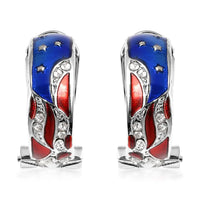 White Austrian Crystal Stylish Half Hoop Style Earrings with US flag Pattern in Silvertone