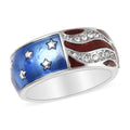 White Austrian Crystal US Flag Pattern Ring in Silvertone - Sticky add to cart bar