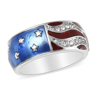 White Austrian Crystal US Flag Pattern Ring in Silvertone