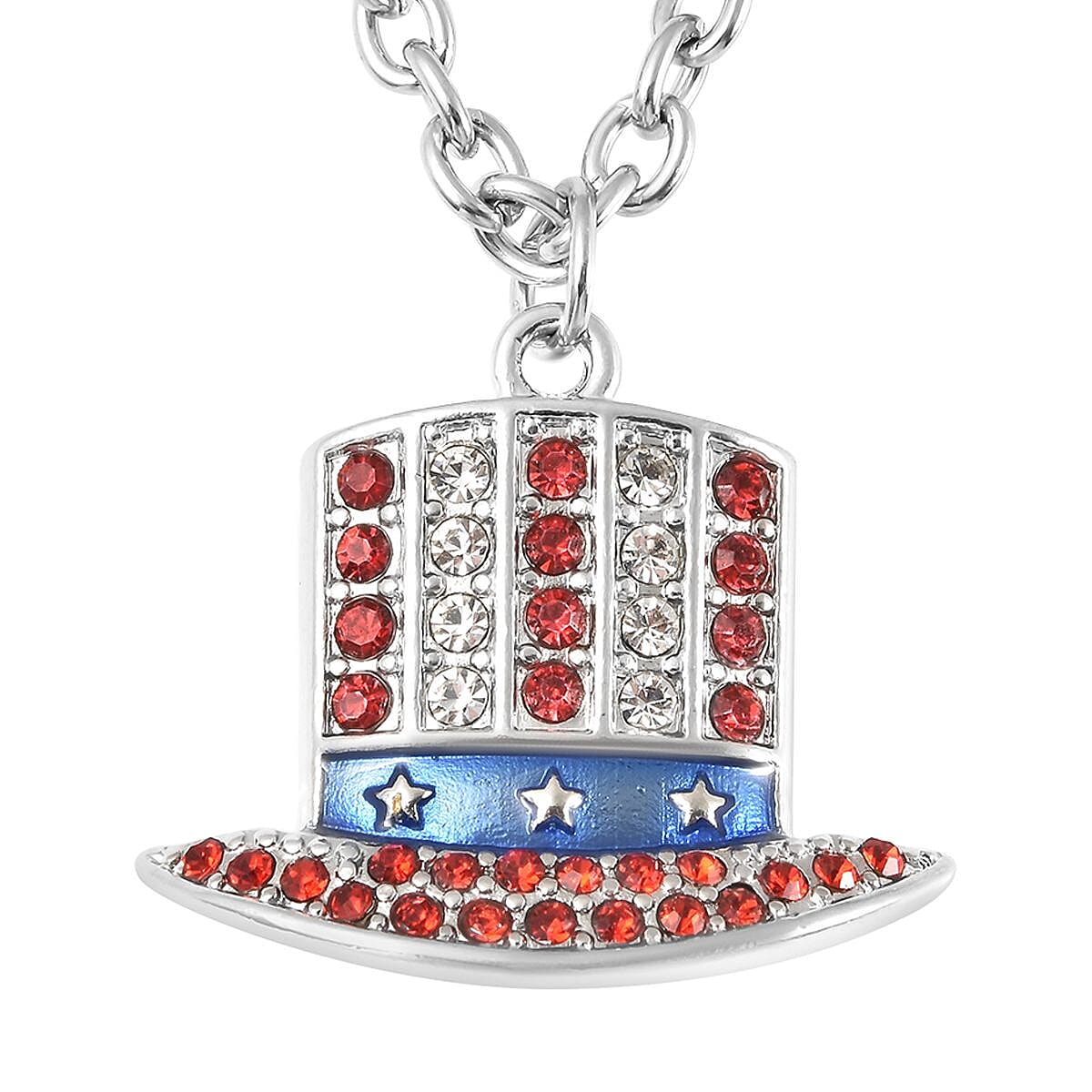White and Red Austrian Crystal, Enameled Uncle Sam Hat Design Pendant Necklace in Silvertone 23.50-25.50 Inches