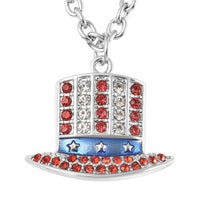 White and Red Austrian Crystal, Enameled Uncle Sam Hat Design Pendant Necklace in Silvertone 23.50-25.50 Inches