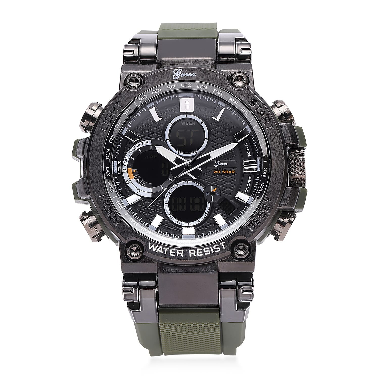 GENOA Japanese and Electronic Movement Multifunctional Key Watch in Blacktone Army Green Silicone Strap (46 mm)
