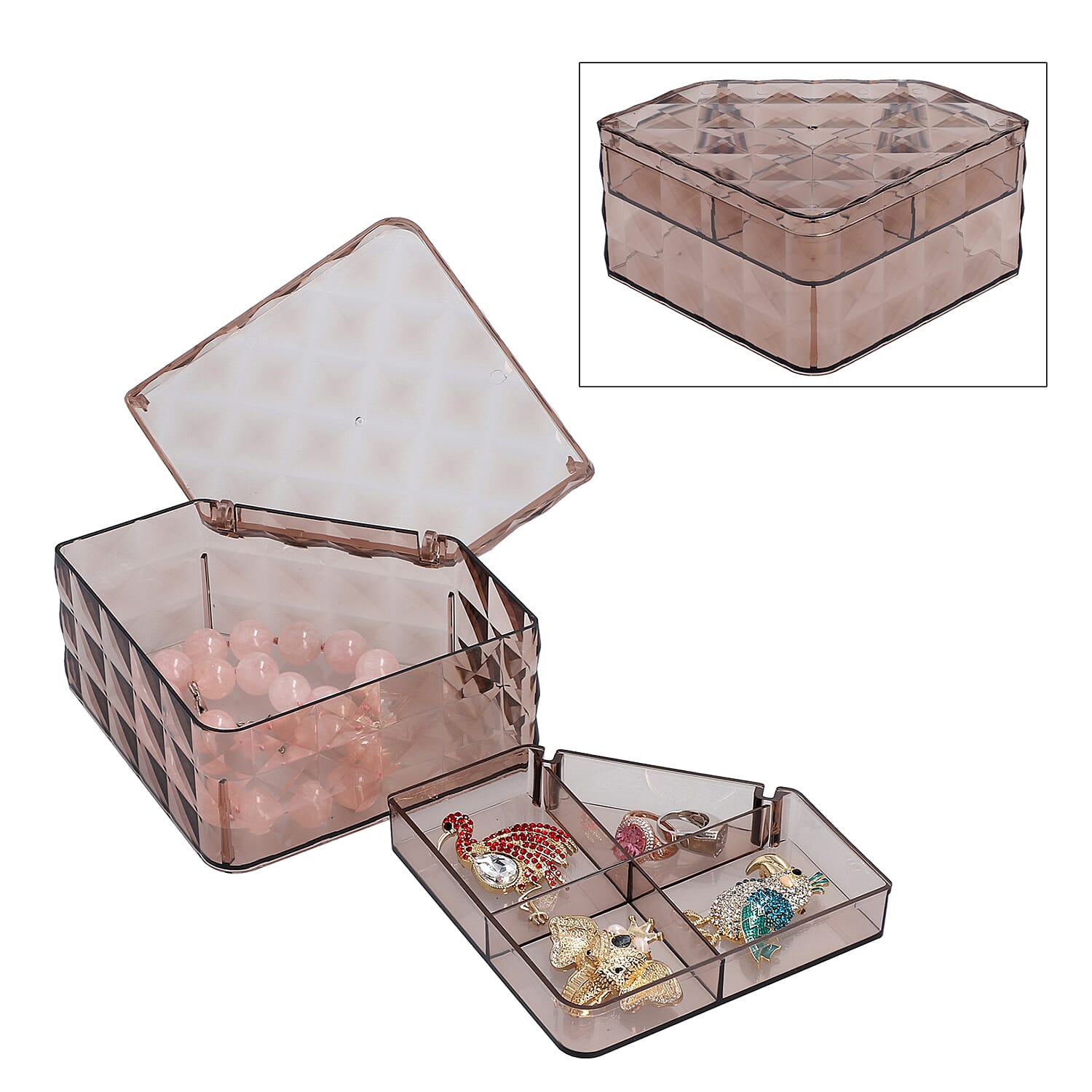 Brown Diamond Pattern Two Layer Jewelry Organizer with 2 Removable Tray