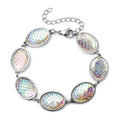 Simulated Blue Magic Color Topaz Disco Ball Theme Oval Charm Station Bracelet in Stainless Steel (7.50 In) - Sticky add to cart bar
