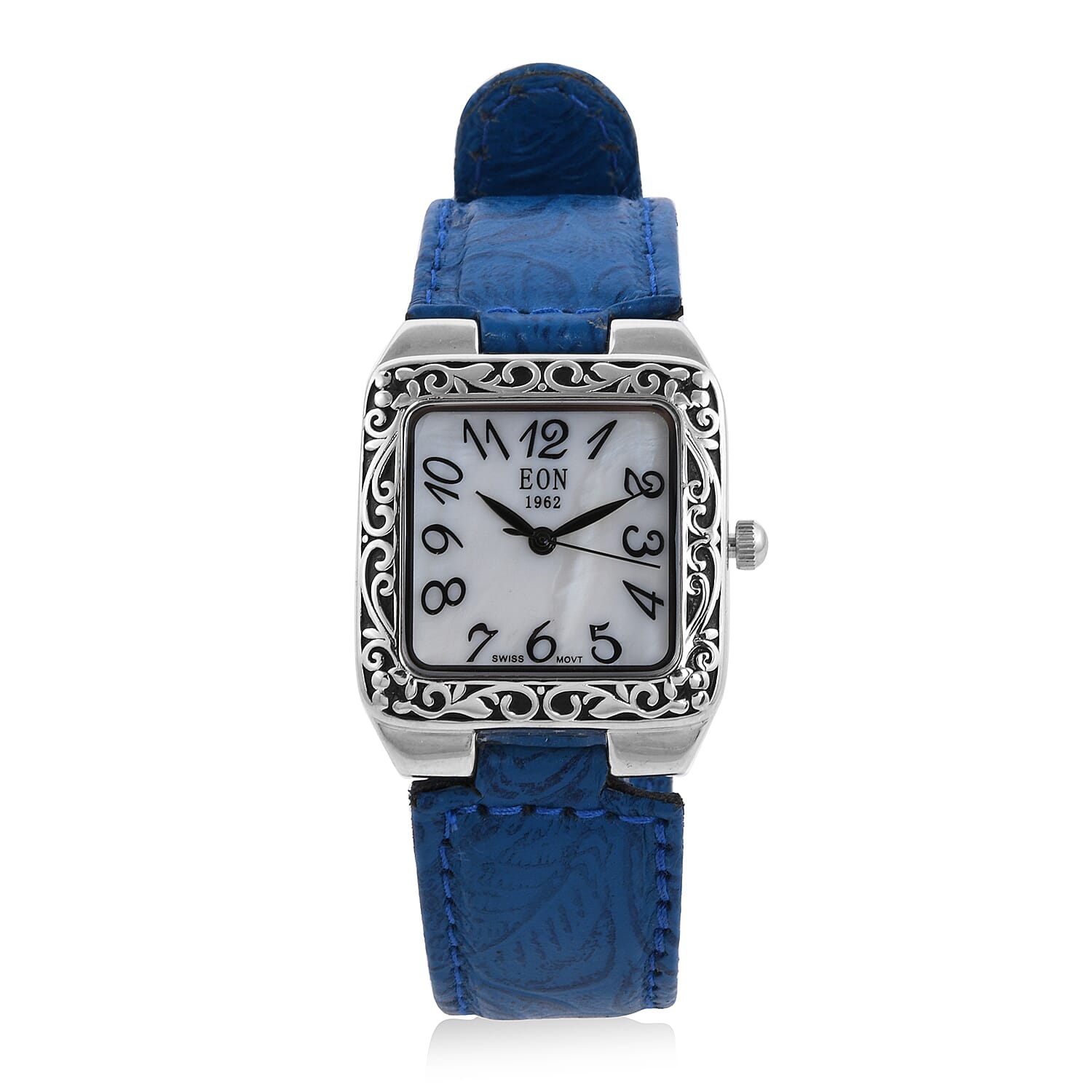 EON 1962 Swiss Movement Sterling Silver MOP Dial Watch with Blue Leather Band (28 g)