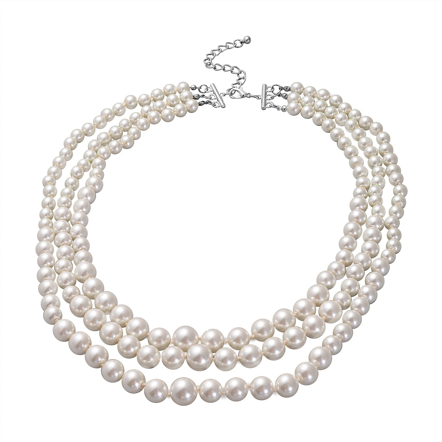 Simulated White Pearl Triple Row Necklace (23-27 Inches) in Silvertone