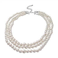 Simulated White Pearl Triple Row Necklace (23-27 Inches) in Silvertone