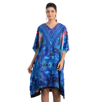 JOVIE Blue Animal Fantasy Screen Printed Mid Short Kaftan with Pockets - One Size Fits Most (36"x41")