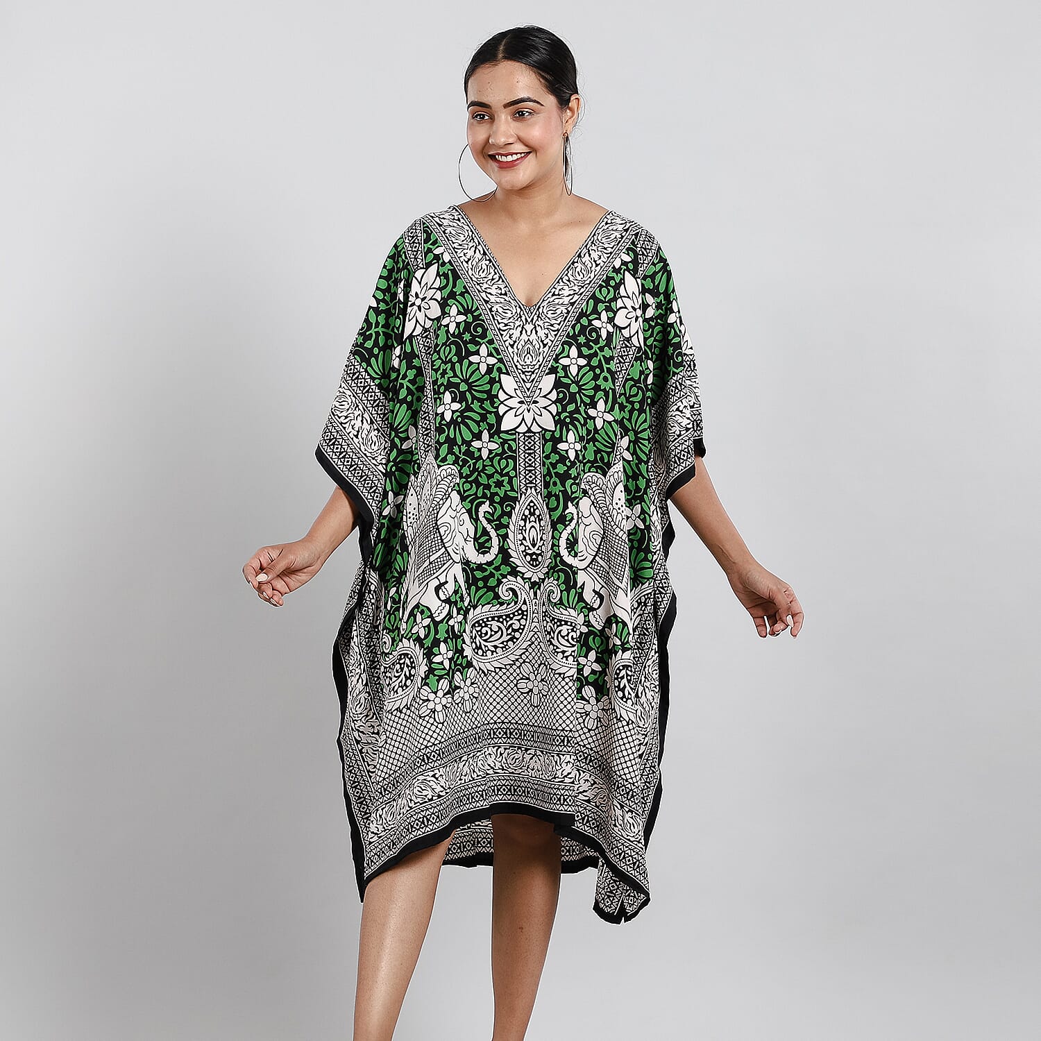 JOVIE Green Paisley Elephant Screen Printed Short Kaftan with Pockets - One Size Fits Most