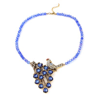 Simulated Blue Magic Color Topa and Blue Austrian Crystal Peacock Necklace 21 Inches in Goldtone