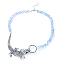 Simulated Blue Sapphire, Black and Blue Austrian Crystal Crocodile Necklace 21 Inches in Silvertone