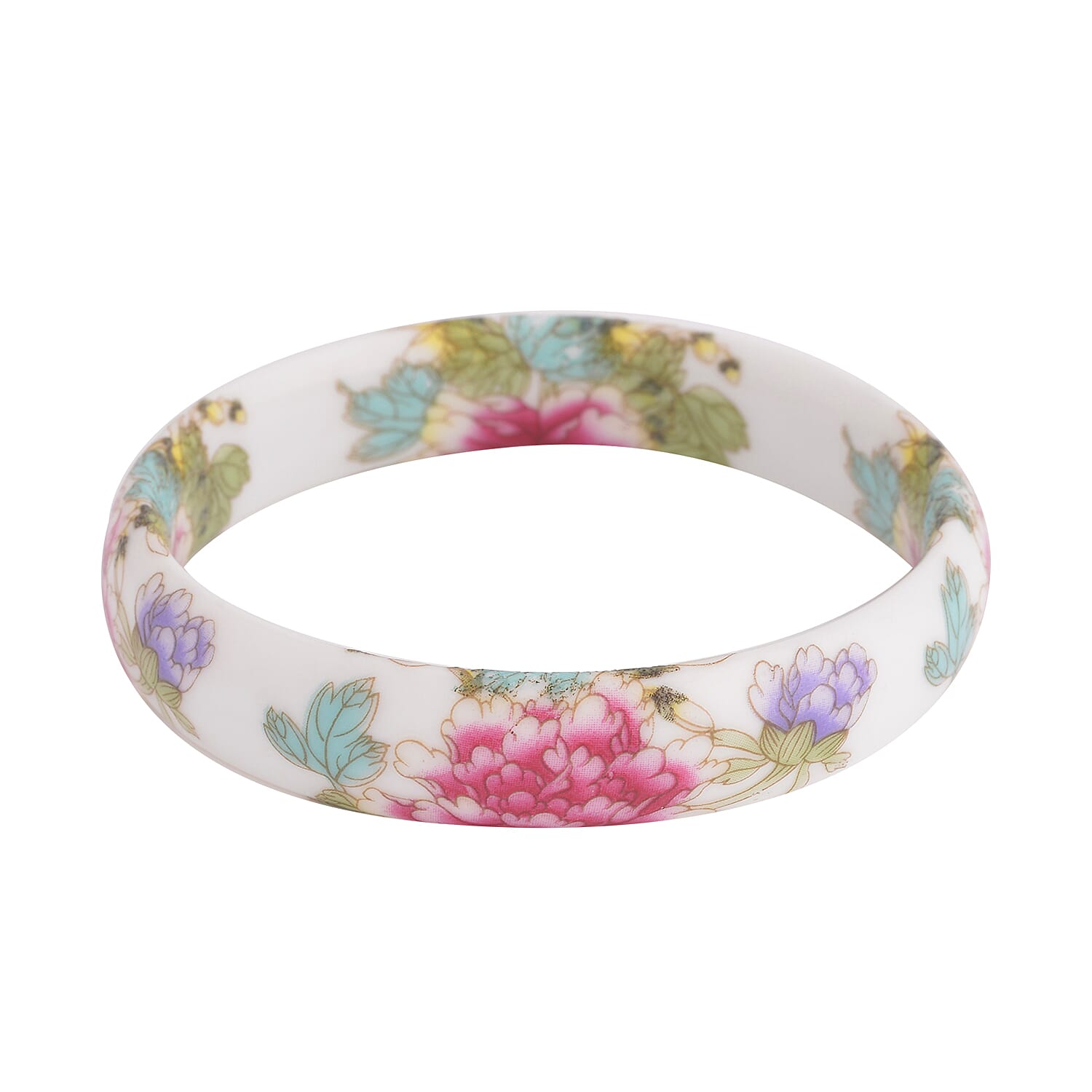 Ceramic Bird and Flower Pattern Bangle Bracelet (8.25 In)