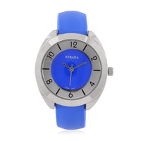 STRADA Japanese Movement Blue Dial Cuff Bracelet Watch with Blue Faux Leather & Silvertone Strap (6-6.5 In)