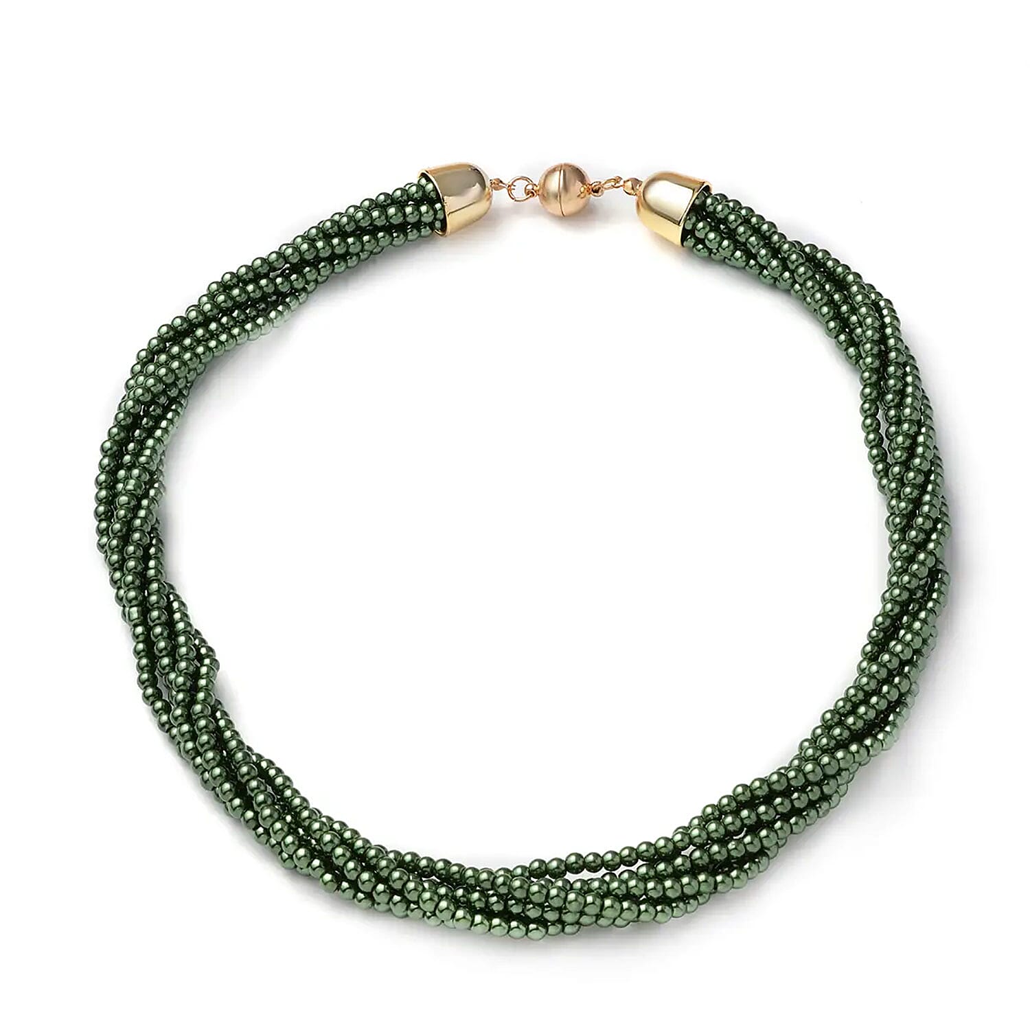 Simulated Green Pearl Multi Row Twisted Necklace in Goldtone 23 Inches