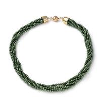 Simulated Green Pearl Multi Row Twisted Necklace in Goldtone 23 Inches
