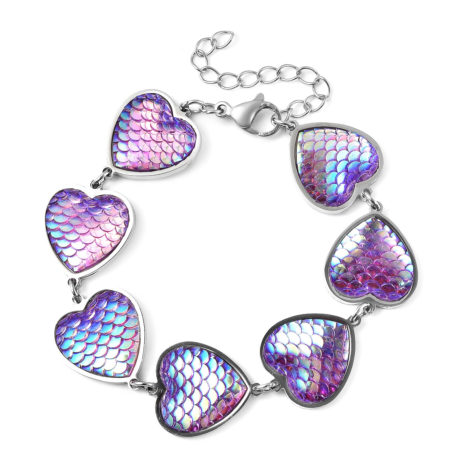 Simulated Pink Magic Color Topaz Diisco Ball Theme Heart Charm Station Bracelet in Stainless Steel (7.25 In)