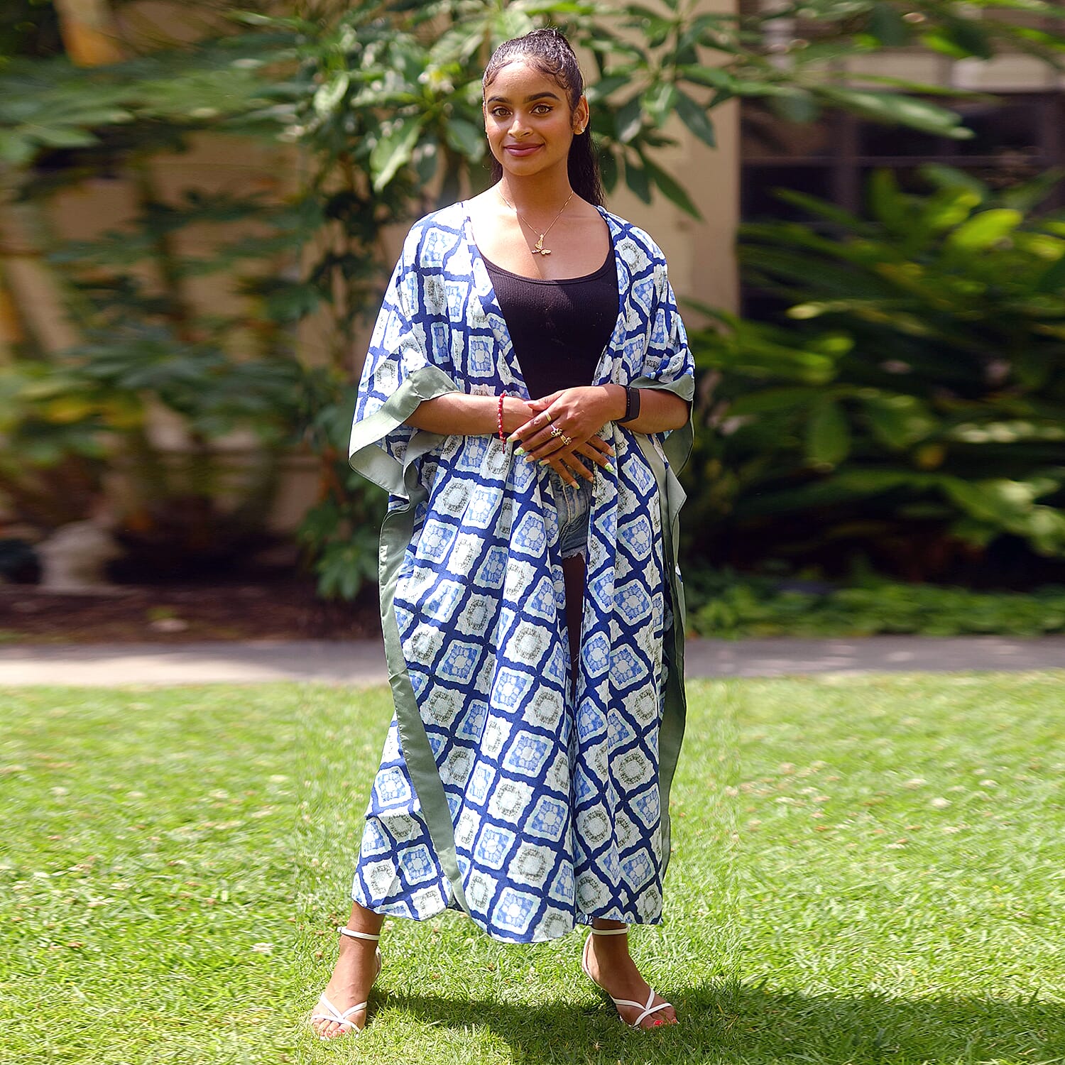 WINLAR Black Geometric Microfiber Open-Front Duster Kaftan (One Size Fits up to 3X)