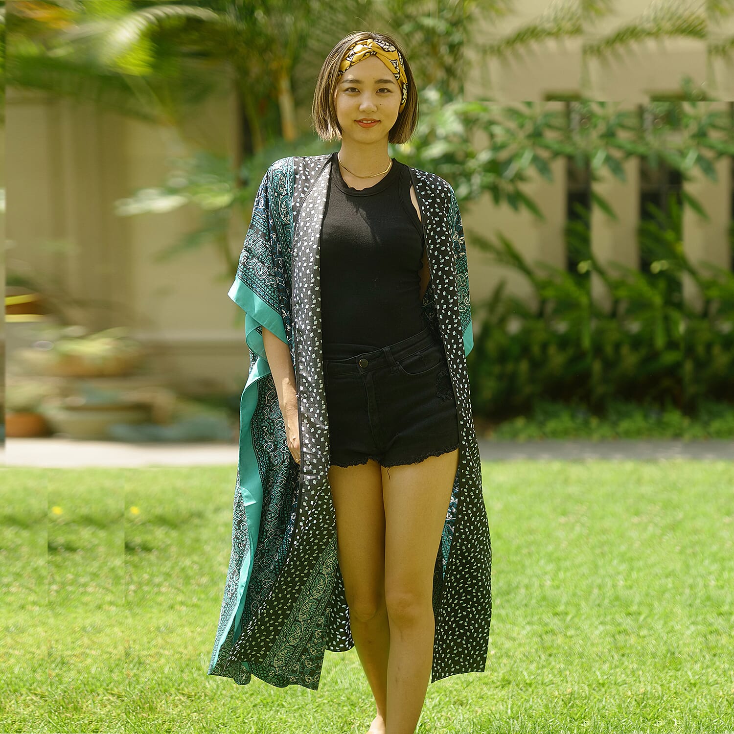 WINLAR Turquoise Ditsy Paisley Microfiber Open-Front Duster Kaftan (One Size Fits up to 3X)