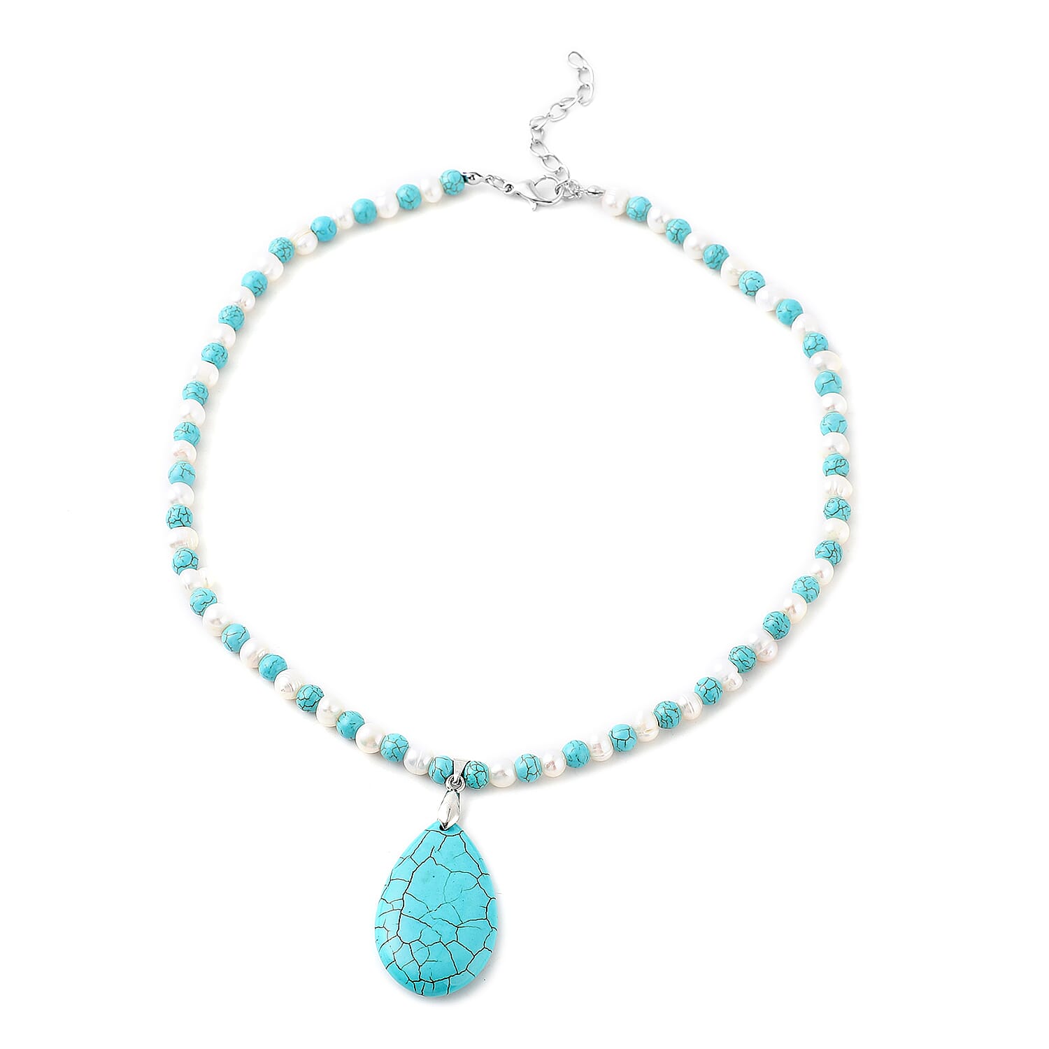 Blue Howlite and White Freshwater Pearl Beaded Necklace 18-20 Inches in Silvertone 115.00 ctw