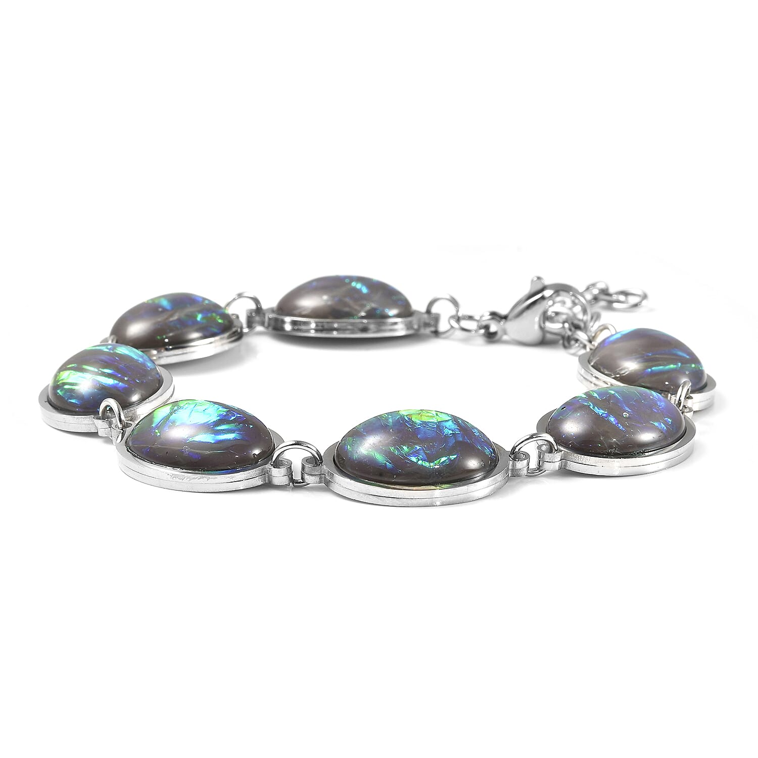Lab Created Opal and Pink Magic Color Resin Station Bracelet in Stainless Steel (7.50 -9.00In)